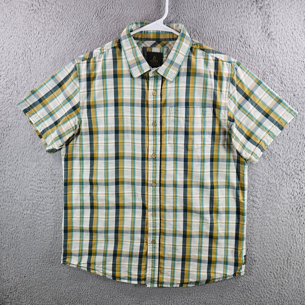 Prana Mens Short Sleeve Button Down Plaid Shirt Yellow Green Organic Cotton Med